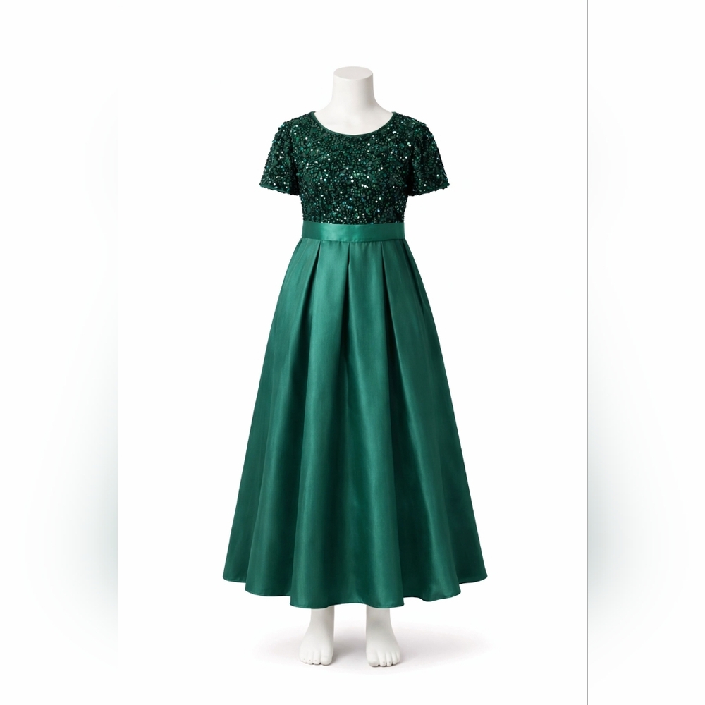 Long Green Sequin Short Sleeve Holiday Ball Gown Pageant Dress 11/12